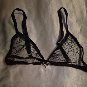Elegant Black Spiderweb Lace Bralette w Bat Embellishment